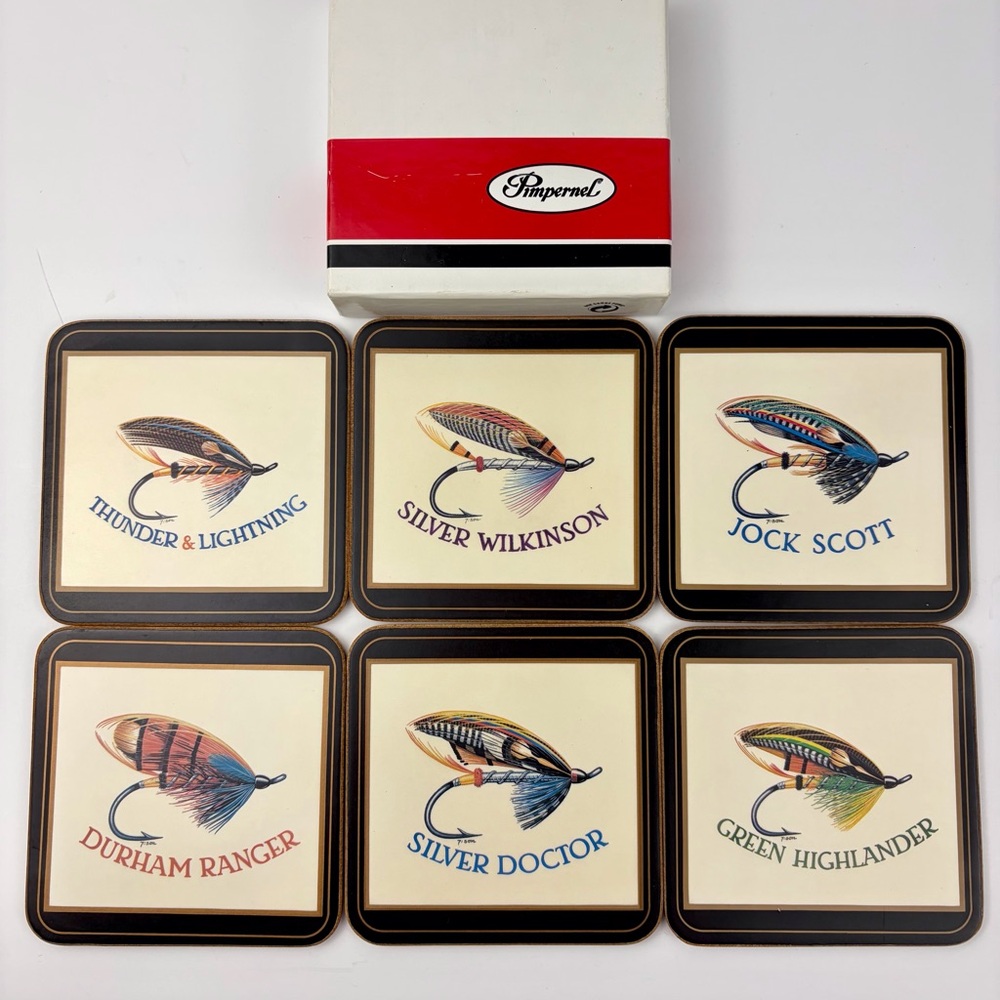 Vintage Pimpernel Coasters Salmon Flies Sport Fishing Set of 6 with Box